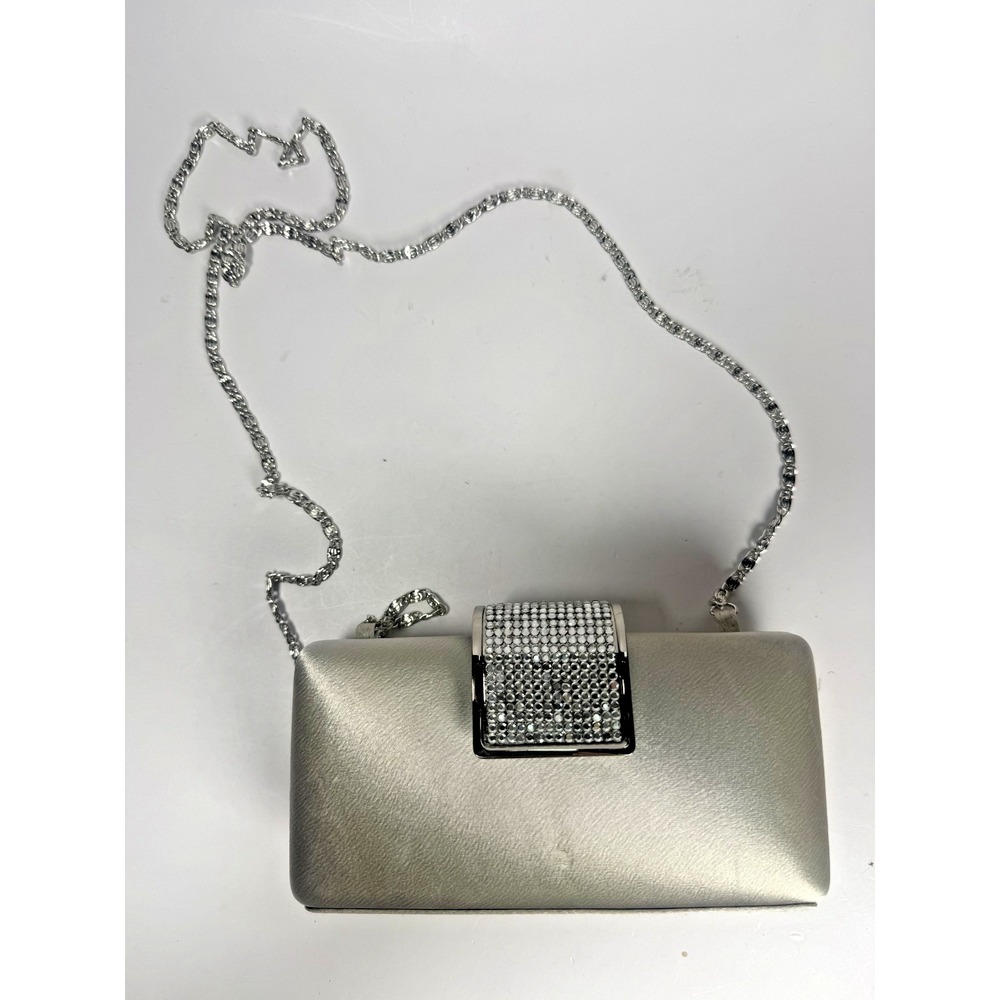 Carlo Fellini Silver Satin Evening Clutch Bag Rhinestone Crystal Buckle